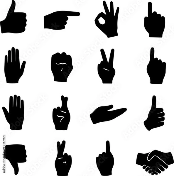 Fototapeta Black silhouette hand gesture icons including thumbs up, pointing, okay sign, peace, victory, fist, handshake, and stop sign. Useful for UI, infographics, and social media.
