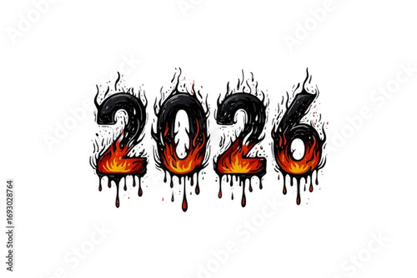 Fototapeta Fiery 2026 new year illustration isolated on transparent background burning numbers with dripping molten effect for festive designs