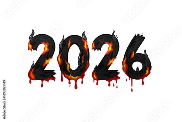 Fototapeta The year 2026 is depicted with a fiery and dripping design, isolated on transparent background