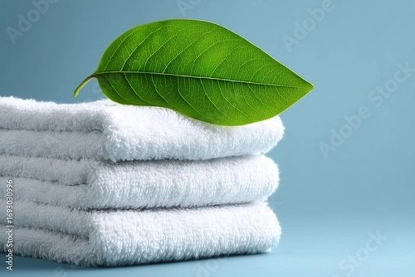 Fototapeta Stack of white towels with green leaf on top.