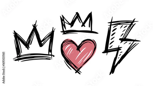 Fototapeta Simple sketched icons of a royal crown a pink heart and a jagged lightning bolt symbol representing love royalty and power