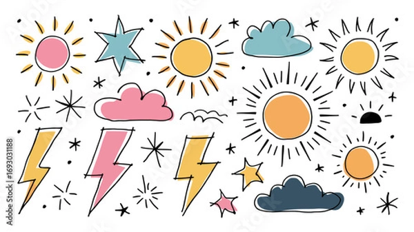 Fototapeta Whimsical hand drawn weather icons including suns clouds stars and lightning bolts with playful colors and outline style
