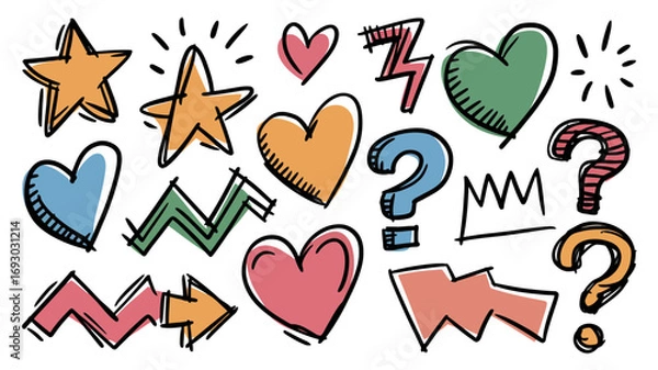 Fototapeta A collection of hand drawn doodle icons featuring hearts stars lightning bolts question marks arrows crowns and other fun shapes for creative design projects