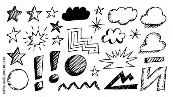 Fototapeta Hand drawn sketch doodles stars clouds exclamation marks circles explosion shapes zigzag lines stairs and geometric symbols in black and white design elements
