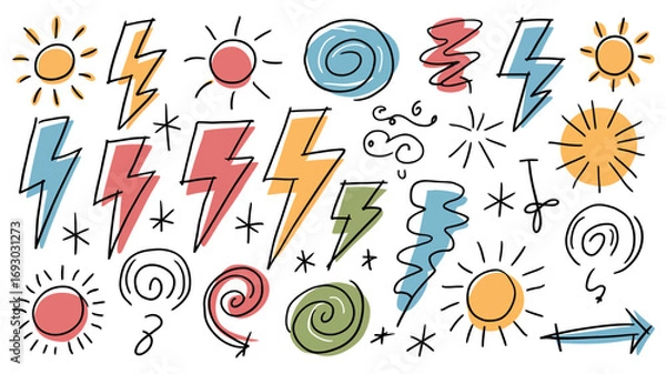 Fototapeta Collection of colorful hand drawn weather icons including sun lightning bolts swirls clouds and other natural elements