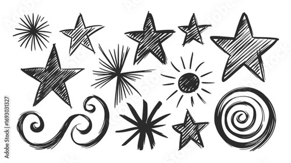 Fototapeta Collection of hand drawn sketch style stars bursts and decorative swirl elements for creative design projects and graphic art illustrations