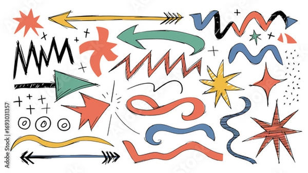 Fototapeta A collection of colorful hand drawn arrows doodles and shapes creating a vibrant abstract graphic design element for creative projects