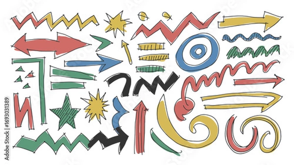 Fototapeta Collection of hand drawn colorful sketchy arrows stars zigzags swirls and abstract doodle elements for design and illustration purposes
