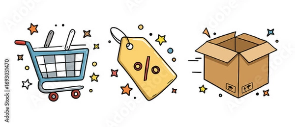 Fototapeta Shopping cart discount tag and open delivery box with stars representing online shopping sale and e-commerce fulfillment services