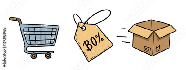 Fototapeta Online shopping cart with a thirty percent off tag and a fast shipping delivery box icon symbolizing e-commerce retail and saving money