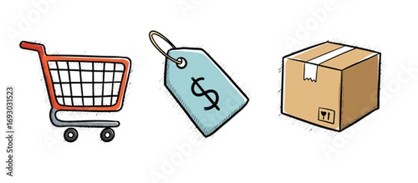 Fototapeta Shopping cart price tag dollar sign and shipping box icons representing online retail purchase delivery and commerce