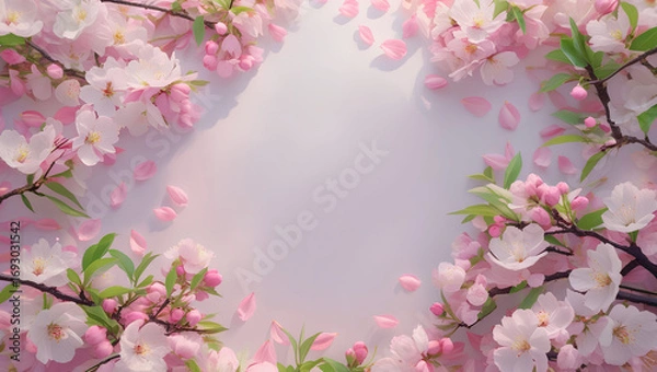 Fototapeta A delicate spring frame adorned with pink cherry blossoms and fallen petals on a  light background. Sakura border with copy space perfect for wedding invitations, spring events, and romantic design.