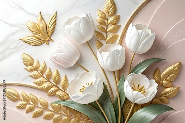 Fototapeta AI generated image of 3D luxury white tulips with golden leaves on pink and white background