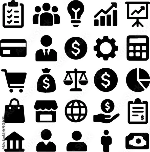 Fototapeta Black business and finance icons set including money, chart, growth, wallet, shopping, balance, communication, teamwork, and office symbols. Ideal for corporate and digital use.