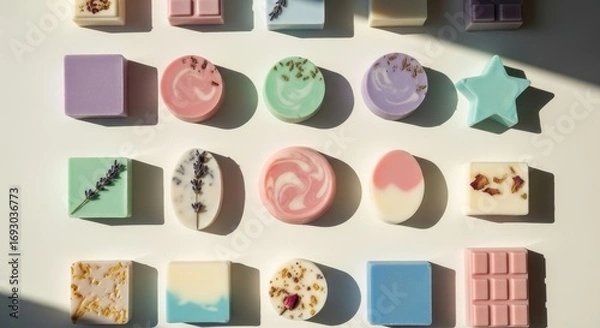 Fototapeta Handmade Soaps with Natural Ingredients and Botanicals on White Background