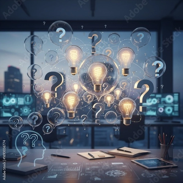 Obraz Illuminating Solutions: Creative Thinking for Innovative Business Strategy and Problem Solving, Sparking Ideas for Growth and Success. Brainstorming Session Concept.