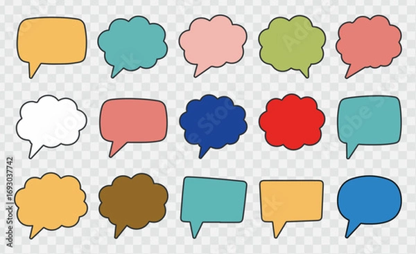 Obraz Hand-drawn colorful speech bubble vector elements: comic-style talk bubbles, thought clouds, and dialogue shapes in various forms and colors, minimalist design, clean line art, perfect for comics