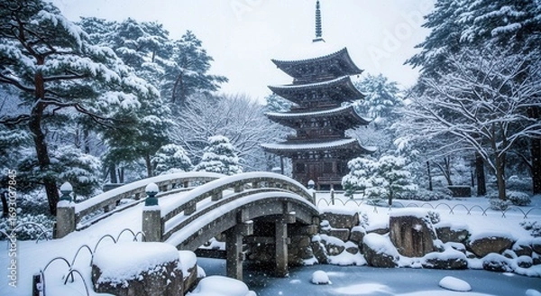 Fototapeta Japanese Pagoda and Bridge in Winter Snowfall