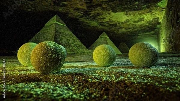 Fototapeta Enigmatic Pyramids and Luminous Spheres in a Mysterious Chamber