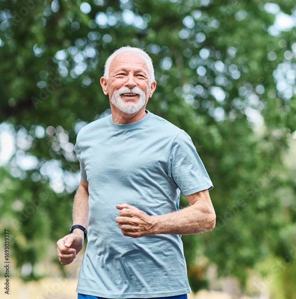 Fototapeta Smiling active mature elderly man jogging running in the park