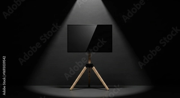 Fototapeta Modern TV on Wooden Tripod Stand, Presentation Display, Black Background