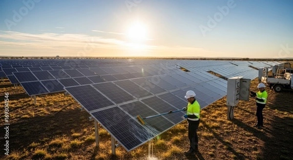 Fototapeta Workers service a solar farm one cleans a panel another inspects an electrical box under a bright sky