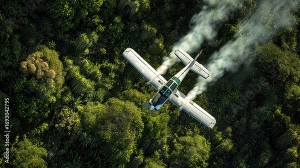 Fototapeta Aerial view of a crop duster spraying over lush green forest canopy