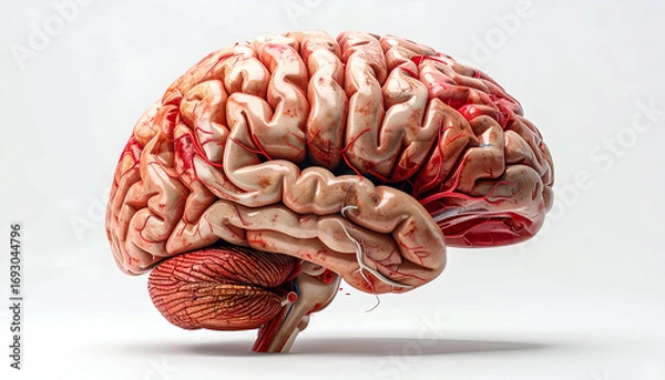 Fototapeta Detailed anatomical model of the human brain showing folds and structures, ideal for medical and educational purposes.
