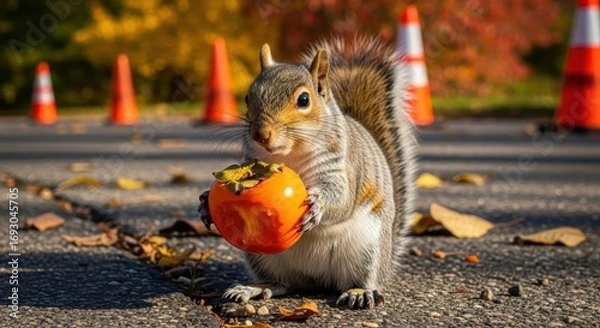 Fototapeta Squirrel Holding Persimmon Fruit on Asphalt Road in Autumn