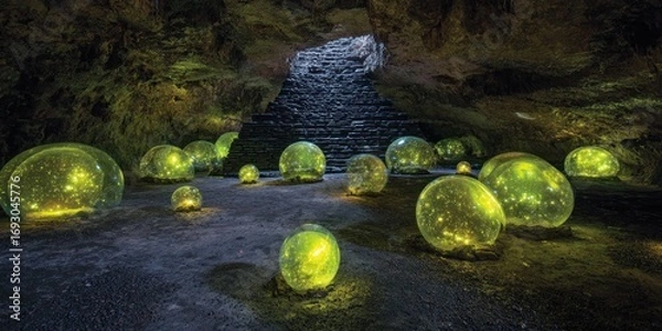 Fototapeta Enigmatic Glowing Spheres in a Mysterious Cave