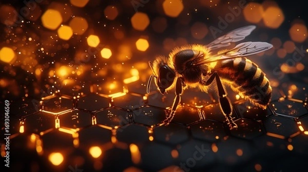Fototapeta Macro photo of a bee on a glowing honeycomb with digital light effects on a dark background. Futuristic wallpaper