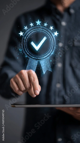 Fototapeta Person touching glowing digital award badge with checkmark and stars on tablet screen certification