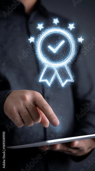 Fototapeta Person touching glowing digital award badge with checkmark and stars on tablet screen certification