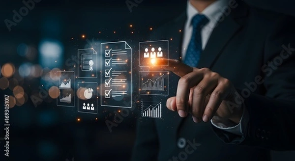 Fototapeta Businessman Interacting with Digital Workflow and Analytics Interface