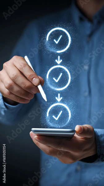 Fototapeta Person using a stylus on a smartphone displaying a digital checklist with glowing checkmarks to-do list