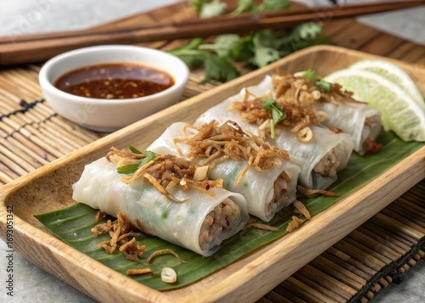 Fototapeta Exploring banh cuon a vietnamese culinary delight of steamed rice rolls with minced pork crispy shallots and dipping sauce in a rustic wooden setting