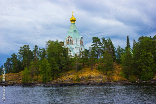 Obraz An elegant white church in the name of St. Nicholas of Myra . Valaam Island