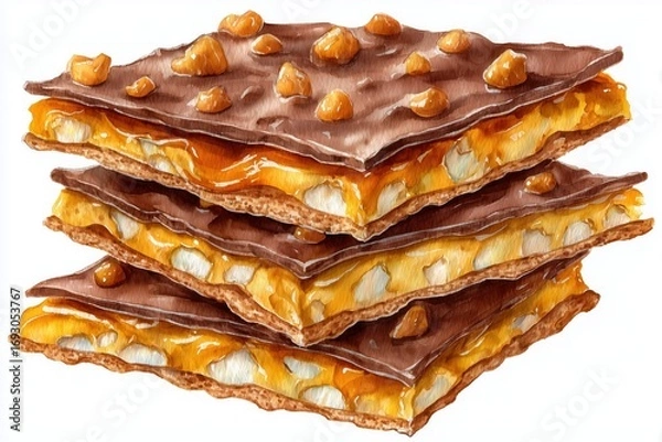 Fototapeta Watercolor illustration of stacked caramel and chocolate-covered toffee bars with nuts, isolated on white background