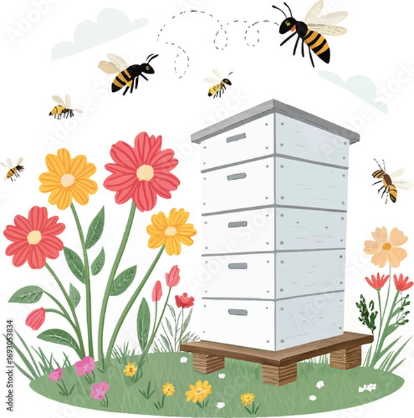Fototapeta "Beekeeping Hive with Busy Bees and Colorful Flowers – Vector Illustration"