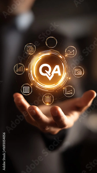 Fototapeta Person's Hand Displaying a Digital QA Symbol with Business Icons and Golden Glow holding technology
