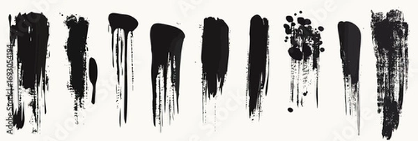 Fototapeta Set of black grunge paint brush strokes and inkbrush textures in flat minimalist vector style on white background for design and art projects creative resources