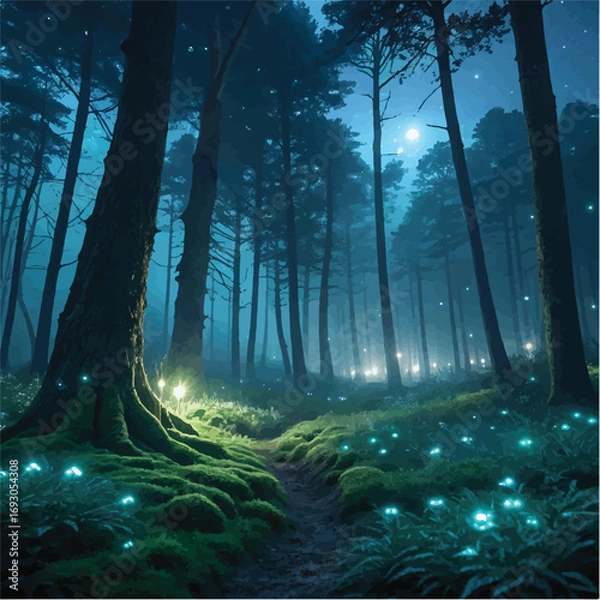 Fototapeta "Mystical Enchanted Forest at Night with Glowing Fireflies"