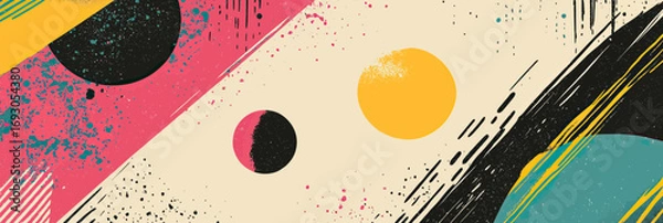 Fototapeta Abstract retro surreal vector illustration with colorful geometric shapes, halftone stipple texture, and dynamic grunge brush strokes for poster art or t-shirt design