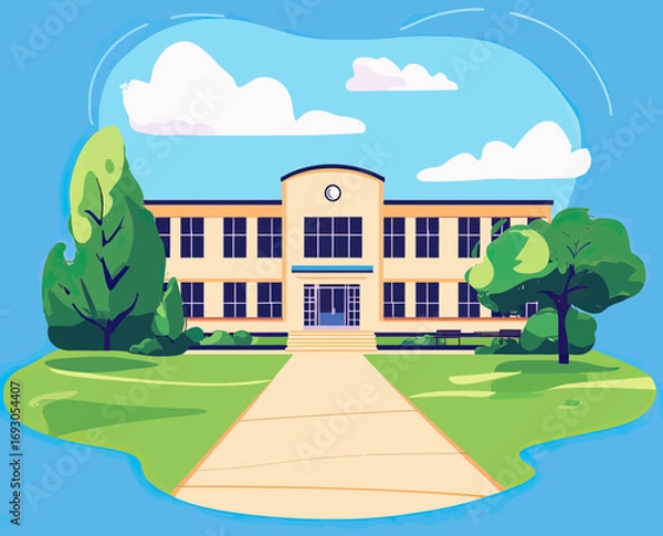 Fototapeta Modern two story school building with clock exterior front view on sunny day with green lawn and trees minimalist vector illustration