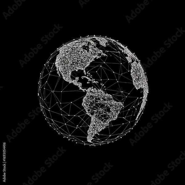 Fototapeta Low poly globe wireframe of Earth showing North and South America with interconnected lines and dots on black background digital mesh design for technology concept