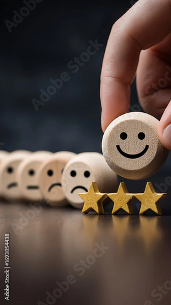 Fototapeta Person's hand placing a happy face wooden token above three golden stars in a row of emoji faces customer feedback
