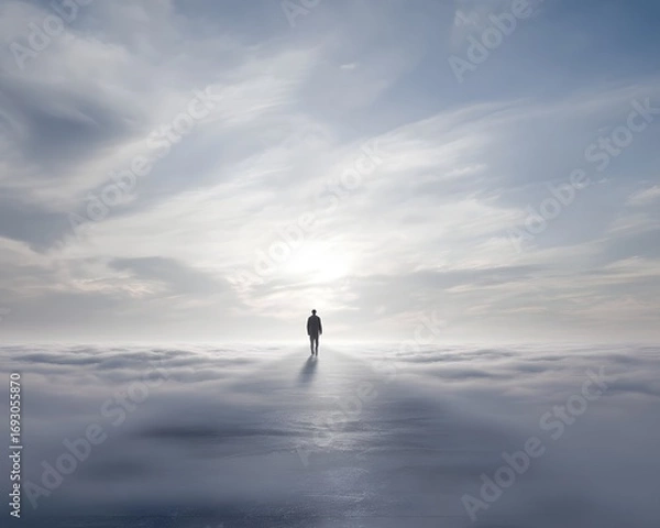 Fototapeta Path to Solitude: An individual person silhouetted, walking into the misty atmosphere with the sun above, signifying solitude, introspection, and inner journey. 