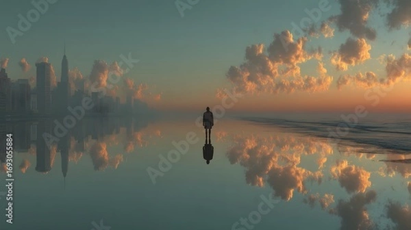 Fototapeta Contemplation: Silhouette of a person reflecting on a peaceful scenery of a skyline and the ocean during sunset, a perfect reflection, with dreamy ambiance and serenity