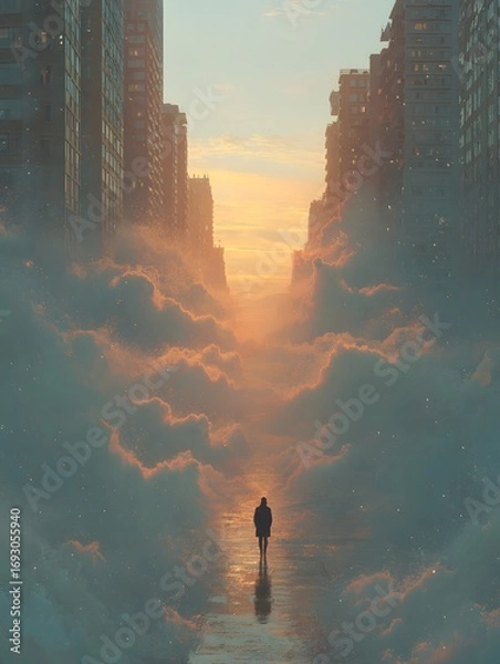 Fototapeta Solitary Stroll in Dreamscape City: A lone figure walks through a mesmerizing city, pathways embraced by a sea of clouds, bathed in the warm embrace of the setting sun.