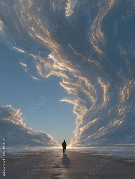 Fototapeta Pathway to Dreams: A lone figure journeys along a surreal path. Leading directly into the heart of a breathtaking sky filled with fluffy, billowing clouds, symbolizing the pursuit of aspirations.